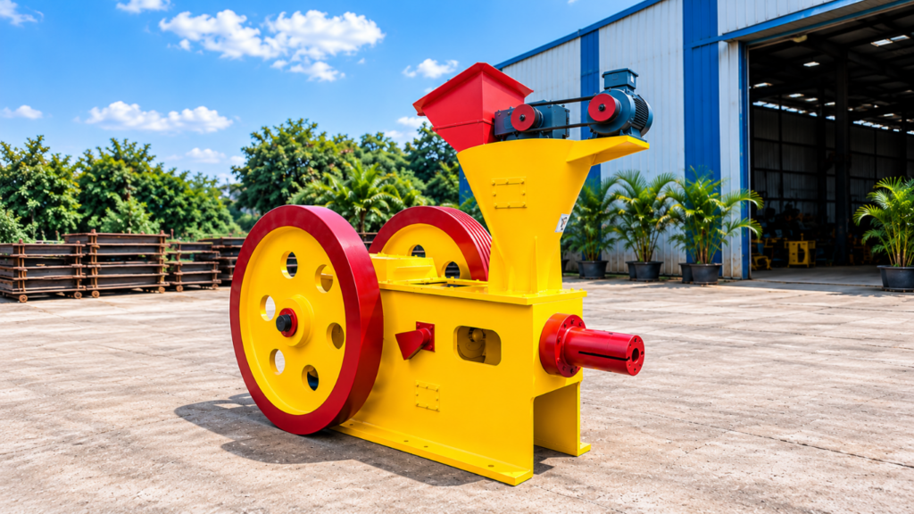 Close-up of a heavy-duty yellow and red biomass briquetting press with dual flywheels and a red hopper, demonstrating the robust engineering of a top biomass briquette machine manufacturer in India.