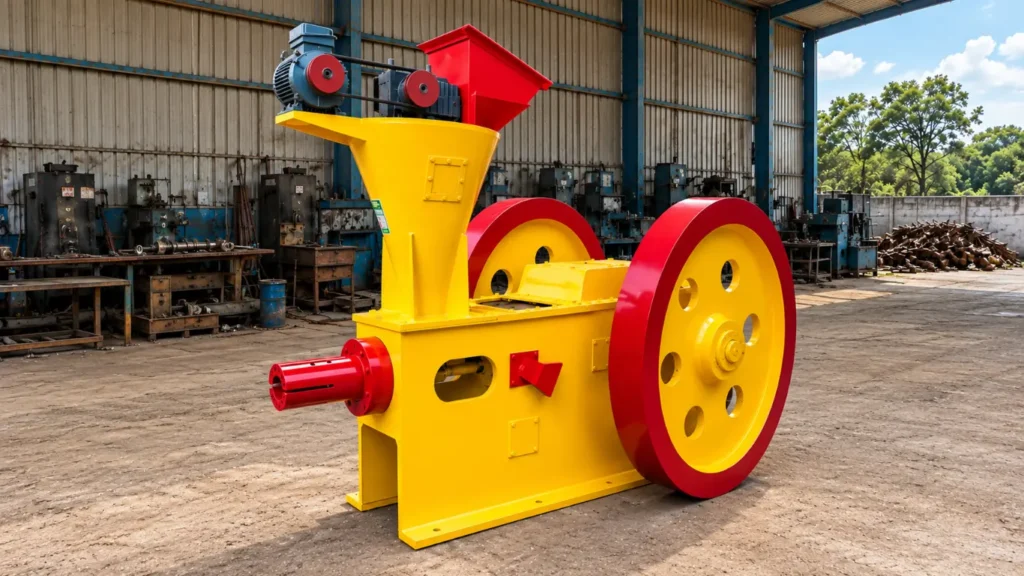 Complete briquetting plant line showing upstream hammer mill, briquette machine in India, and downstream cooling conveyor for durable white coal.