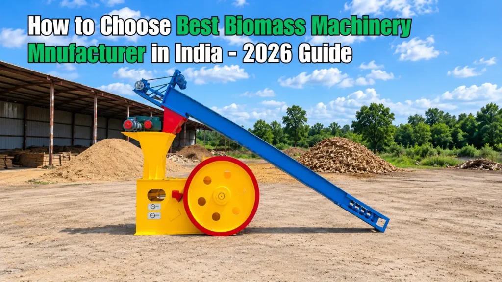 A large yellow biomass briquetting machine with a blue conveyor belt sitting in an outdoor industrial yard, surrounded by piles of raw sawdust and wood chips. The image features text overlay reading "How to Choose Best Biomass Machinery Manufacturer in India - 2026 Guide," representing a reliable biomass plant supplier in India.